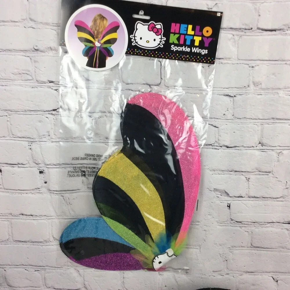 Hello Kitty Childs Black Sequined Fedora & Rainbow Sparkle Wings Cosplay Costume